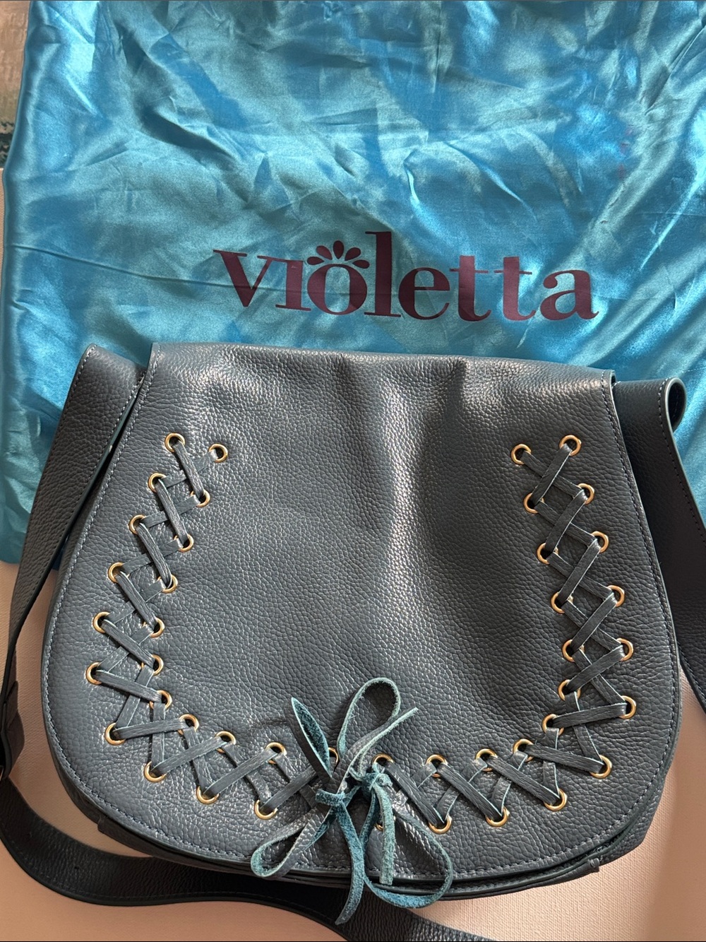 Blue Leather Lace-Up Crossbody Bag
